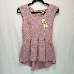 NWT Decree Pink Textured Floral Peplum Top Women Size S High Low Cap Sleeve Zip